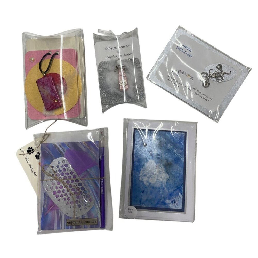 BOHO Artsy Gift Set Earrings Notebook Notecards Necklace Angel Pendant handmade